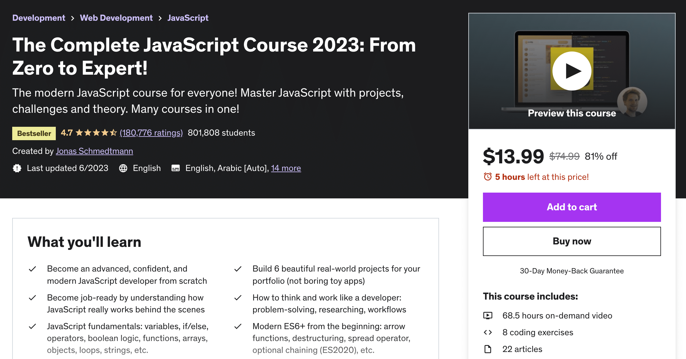 The Complete JavaScript Course 2023: From Zero to Expert! on Udemy