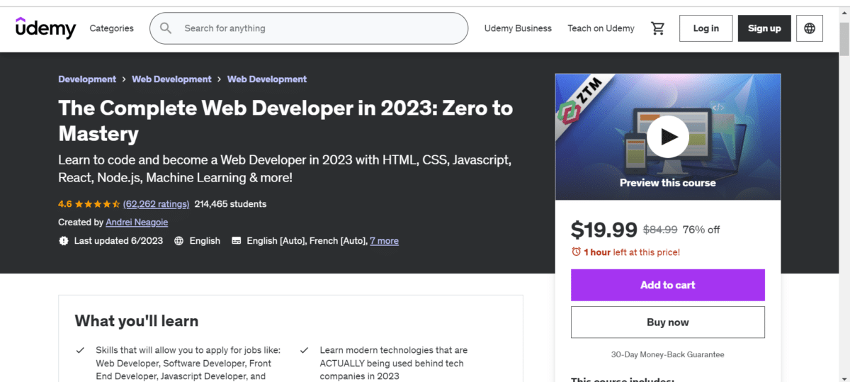 The Complete Web Developer in 2023: Zero to Mastery course on Udemy