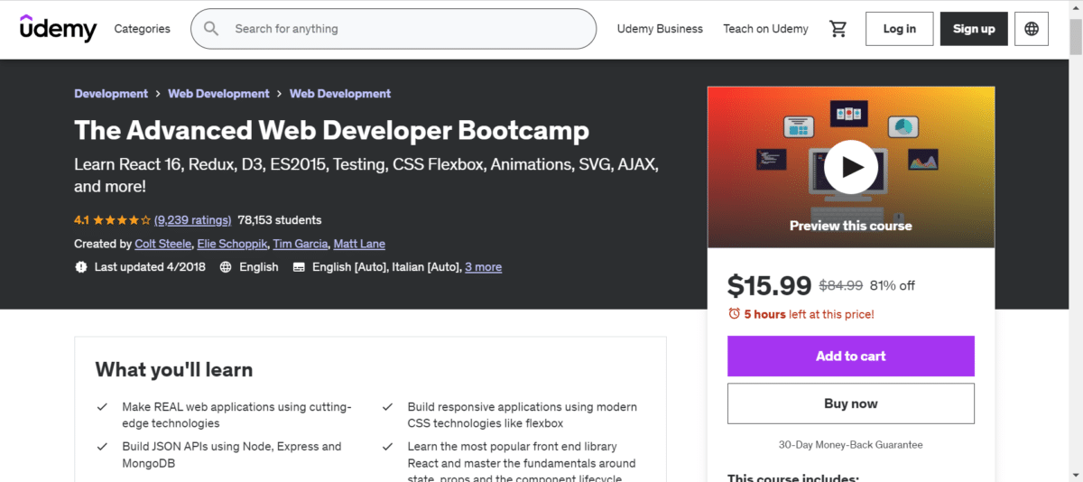 The Advanced Web Developer Bootcamp course on Udemy