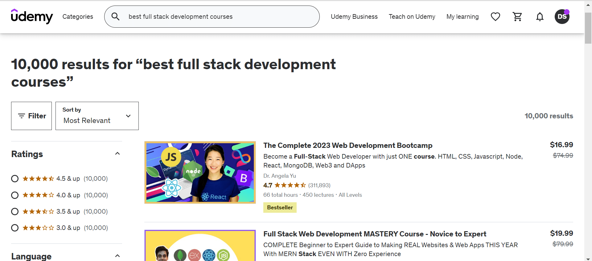 Browsing the Best Full Stack Developer courses on Udemy